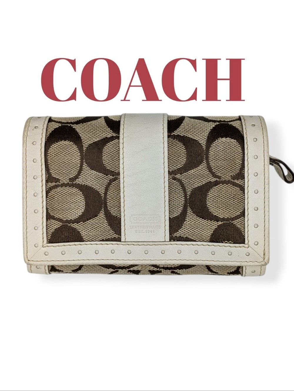 Coach Signature Wallet Khaki Canvas White Perforated Leather Trim Zip Folding - Picture 1 of 16